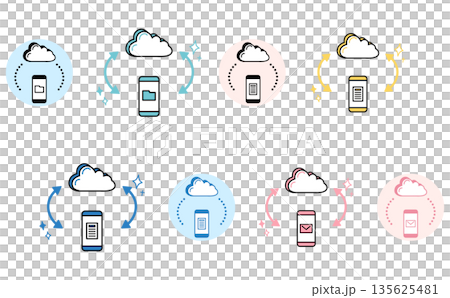 Illustration set of DX image icons that manage documents by linking smartphones and the cloud Illustration set of DX image icons that manage documents by linking smartphones and the cloud 135625481
