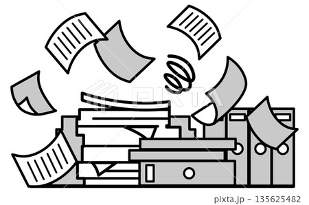 紙書類が散乱して管理できない事務作業の非効率イメージイラスト 紙書類が散乱して管理できない事務作業の非効率イメージイラスト 135625482