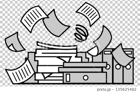 紙書類が散乱して管理できない事務作業の非効率イメージイラスト 紙書類が散乱して管理できない事務作業の非効率イメージイラスト 135625482