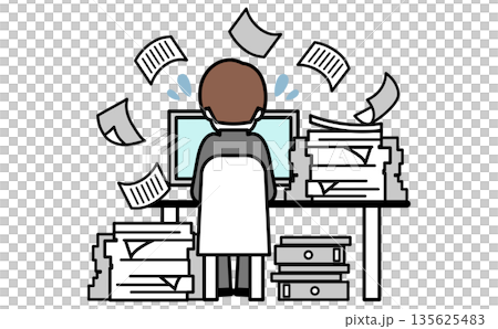 插圖描繪了辦公室工作人員在電腦前工作時被文件淹沒的場景，工作量過大，向量圖。 135625483