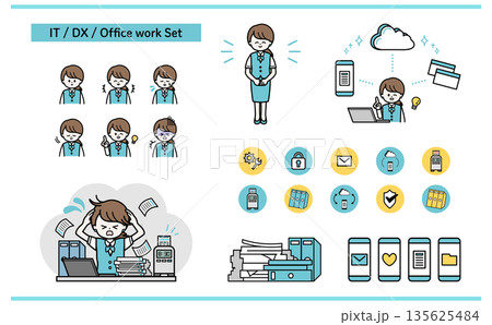 事務作業に追われる女性社員とDXで業務改善するオフィスITイメージのアイコンイラストセット 事務作業に追われる女性社員とDXで業務改善するオフィスITイメージのアイコンイラストセット 135625484