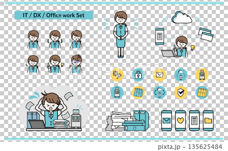 一組圖標插圖,描繪了辦公室IT女性員工忙於文書工作,並透過DX改善業務運營的場景。 一組圖標插圖,描繪了辦公室IT女性員工忙於文書工作,並透過DX改善業務運營的場景。 135625484