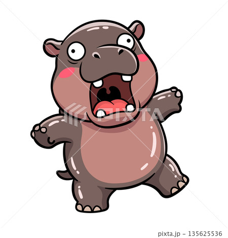 Cute baby pygmy hippo screaming cartoon vector illustration. Funny chaotic animal character with open mouth in kawaii style. Isolated glossy hippo sticker. Cute baby pygmy hippo screaming cartoon vector illustration. Funny chaotic animal character with open mouth in kawaii style. Isolated glossy hippo sticker. 135625536