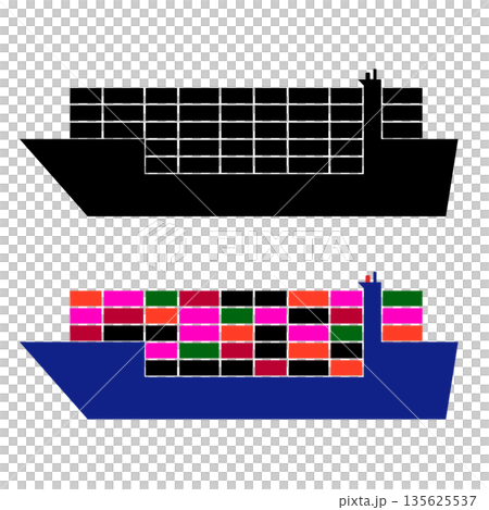 貨船裝載貨櫃的庫存插圖，包括輪廓和顏色變體。 135625537