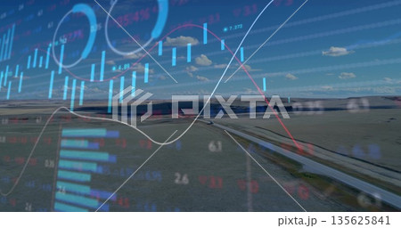 Displaying translucent candlesticks and line graphs across rural highway, with dark car and gauges Displaying translucent candlesticks and line graphs across rural highway, with dark car and gauges 135625841