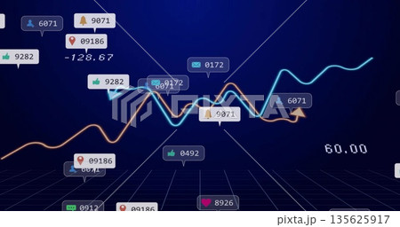 Displaying luminescent blue and orange trend lines over grid plane, with social icons, data labels Displaying luminescent blue and orange trend lines over grid plane, with social icons, data labels 135625917