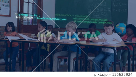 Eight school children solving math in classroom, with chalkboard equations, code overlay and globe Eight school children solving math in classroom, with chalkboard equations, code overlay and globe 135625924
