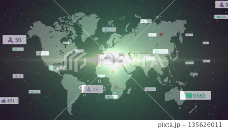 Displaying world map in virtual space, with green flares, data labels, icons, and connector lines 135626011