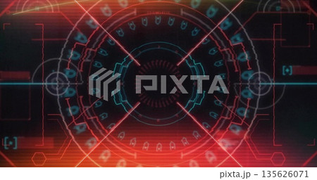 Displaying circular HUD glowing in virtual UI, with concentric circles, reticle, radial grid lines Displaying circular HUD glowing in virtual UI, with concentric circles, reticle, radial grid lines 135626071