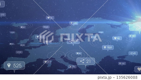 Showing Europe map over starry sky, with target rings, social icons, numeric counters Showing Europe map over starry sky, with target rings, social icons, numeric counters 135626088