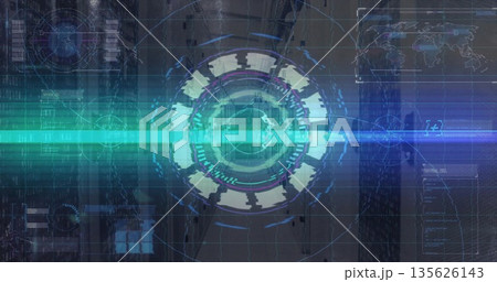 Displaying holographic circular HUD in data hub, with scanning beam, data panels, world map overlay 135626143