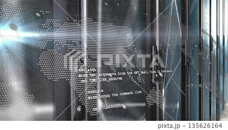Streaming world map overlay and code lines across glass server racks in data center, lens flare Streaming world map overlay and code lines across glass server racks in data center, lens flare 135626164