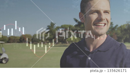Smiling golfer wearing polo shirt on fairway, with cart and candlestick graphics, copy space 135626171