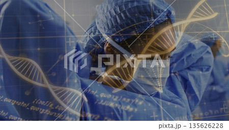 Surgical team in blue scrubs performing surgery in operating room, with tools and DNA helix overlay Surgical team in blue scrubs performing surgery in operating room, with tools and DNA helix overlay 135626228