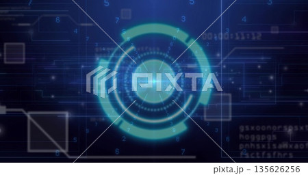 Displaying central HUD graphic within digital interface, with glowing rings and numeric labels Displaying central HUD graphic within digital interface, with glowing rings and numeric labels 135626256