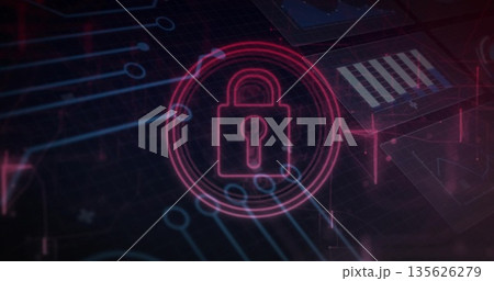 Displaying neon pink padlock icon glowing within concentric rings in dashboard, with circuit traces Displaying neon pink padlock icon glowing within concentric rings in dashboard, with circuit traces 135626279