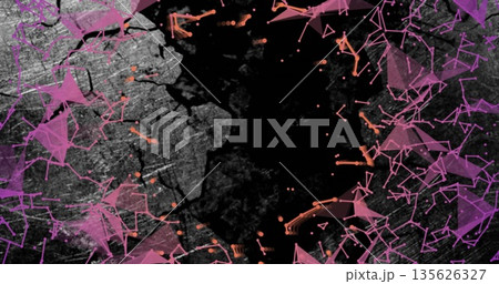 Framing central black void within textured grey background, with purple meshes and orange dot nodes 135626327