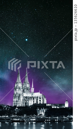 Cologne, Germany. Night View Of Cologne Cathedral. Catholic Gothic Cathedral In Night. UNESCO World Heritage Site. Toned Photo Black, White And Ultra Violet Colors . Night starry stars sky. 135626610