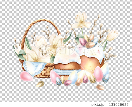 Easter composition of wicker basket, spring flowers, traditional icing cake, colorful large and small eggs, willow branches. Symbol of rebirth and bright holiday. Watercolor hand drawn illustration 135626625