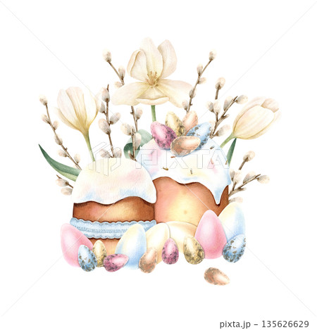 Happy Easter watercolor composition with icing cake, colorful eggs, spring tulips, willow branches in pastel color. Delicate flowers, Religious bakery, small, large eggs. Isolated illustration 135626629