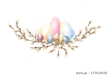 Watercolor Easter composition with willow branches and colorful eggs. Traditional symbol religious holiday in pastel colors. Hand drawn Illustration isolated on transparent background Watercolor Easter composition with willow branches and colorful eggs. Traditional symbol religious holiday in pastel colors. Hand drawn Illustration isolated on transparent background 135626636