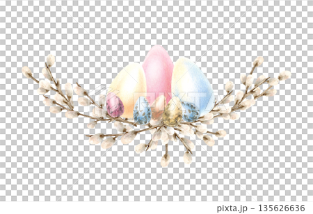 Watercolor Easter composition with willow branches and colorful eggs. Traditional symbol religious holiday in pastel colors. Hand drawn Illustration isolated on transparent background Watercolor Easter composition with willow branches and colorful eggs. Traditional symbol religious holiday in pastel colors. Hand drawn Illustration isolated on transparent background 135626636
