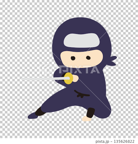 Illustration of a cute ninja kneeling and holding a sword 135626822