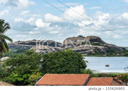 The mountain range at Ilha dos Preas in Chaval, Ceara, Brazil. Seen from the Stone of the Grotto of Our Lady of Lourdes 135626903
