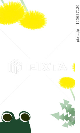 たんぽぽと蛙の縦型バナー素材(白バック) 135627126