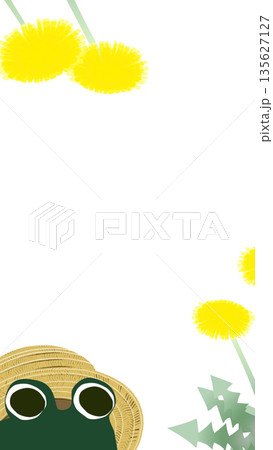 たんぽぽと麦わら帽子をかぶった蛙の縦型バナー素材(白バック) 135627127