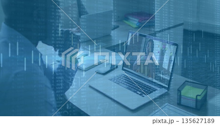 Resting woman in light shirt supporting head at laptop in office, with data overlay, copy space Resting woman in light shirt supporting head at laptop in office, with data overlay, copy space 135627189