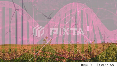 Row of wind turbines standing on rural ridge, with yellow wildflowers and pink DNA helix overlay 135627199