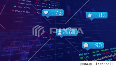 Displaying financial chart on analytics screen, with line graphs, percent labels and social icons Displaying financial chart on analytics screen, with line graphs, percent labels and social icons 135627211