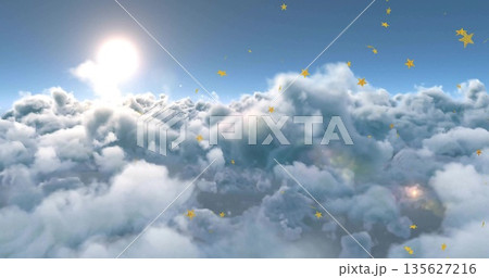 Drifting fluffy cumulus clouds covering high-altitude sky, with bright sun and golden star shapes 135627216