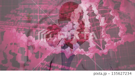 Senior scientist in lab coat studying holographic DNA helix in genetics lab, with floating data Senior scientist in lab coat studying holographic DNA helix in genetics lab, with floating data 135627234
