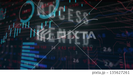 Displaying text reading ACCESS DENIED on digital interface, with data charts and circuit pattern 135627261