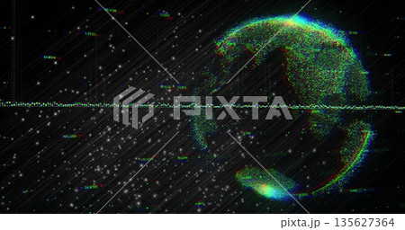 Displaying pixelated Earth globe glitching in interface, with RGB data line and stars, copy space Displaying pixelated Earth globe glitching in interface, with RGB data line and stars, copy space 135627364