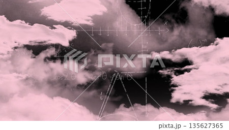 Pink-tinted clouds drifting in digital sky, with white math equations, triangles, axes, curves Pink-tinted clouds drifting in digital sky, with white math equations, triangles, axes, curves 135627365