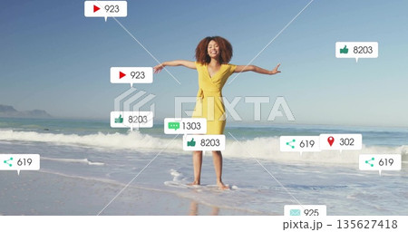 Standing woman wearing yellow dress holding arms outstretched on shoreline, with social media icons 135627418