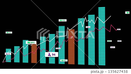 Displaying bar and line chart on dark dashboard, with turquoise bars, white trend line, chat icons 135627438