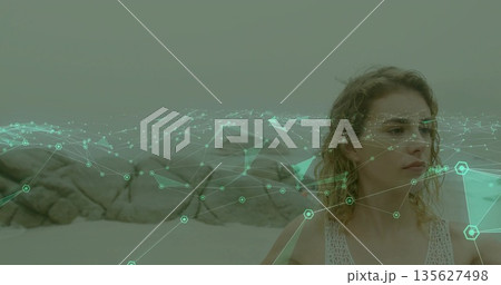 Standing woman surveying sandy shore near rocky outcrops, with green network overlay, copy space 135627498