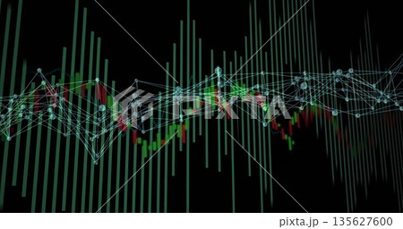 Showing light network nodes linking by lines over green and red candlestick bars in data space Showing light network nodes linking by lines over green and red candlestick bars in data space 135627600