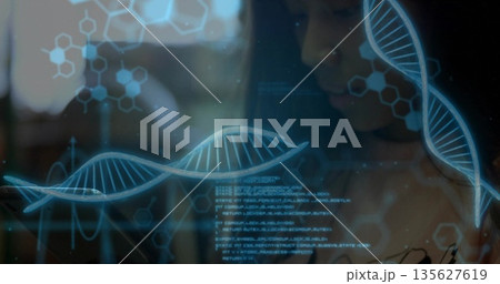 Leaning scientist analyzing holographic DNA helix at research lab with code and molecular diagrams Leaning scientist analyzing holographic DNA helix at research lab with code and molecular diagrams 135627619