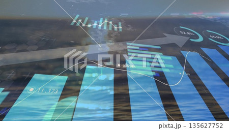 Data visualization floating in abstract digital environment, with bar charts, line chart and gauges 135627752