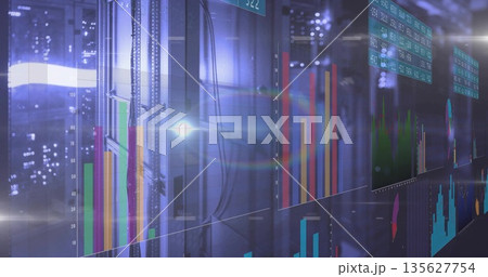 Projecting holographic bar,pie,line graph and table overlays on server rack in data center corridor Projecting holographic bar,pie,line graph and table overlays on server rack in data center corridor 135627754