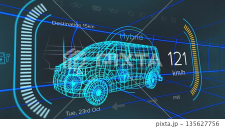 Showing wireframe van cruising in grid, with HUD power bar, speedometer, modes and destination or ti Showing wireframe van cruising in grid, with HUD power bar, speedometer, modes and destination or ti 135627756