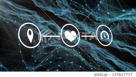 Three white icons floating in data network, with lines, location pin, heartbeat, speedometer icons Three white icons floating in data network, with lines, location pin, heartbeat, speedometer icons 135627757