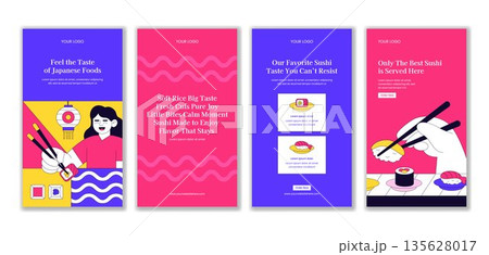 Flat Hand Drawn Japanese Sushi Foods Cartoon Design for Social Media Stories Illustration Flat Hand Drawn Japanese Sushi Foods Cartoon Design for Social Media Stories Illustration 135628017