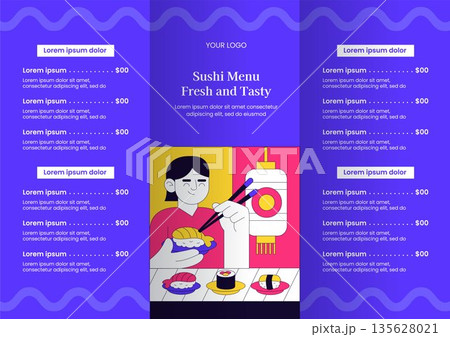 Japanese Sushi Foods Brochure Design with Flat Cartoon Hand Drawn Illustration Background 135628021