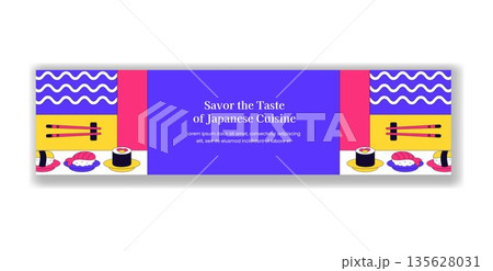 Billboard Design Featuring Japanese Sushi Foods Flat Cartoon Hand Drawn Illustration 135628031